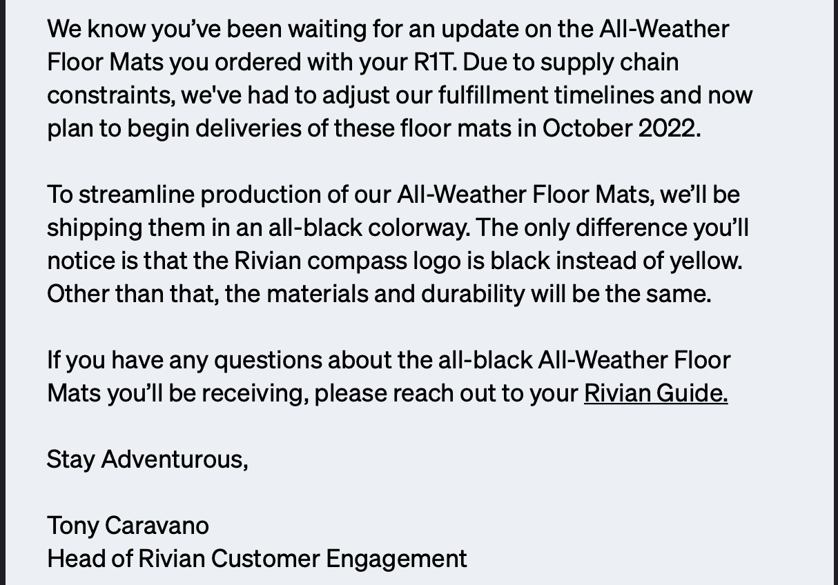 Rivian R1T R1S Update: Rivian All-Weather Floor Mats begin delivery October 2022, with logo changed to black Screen Shot 2022-08-05 at 3.40.35 PM