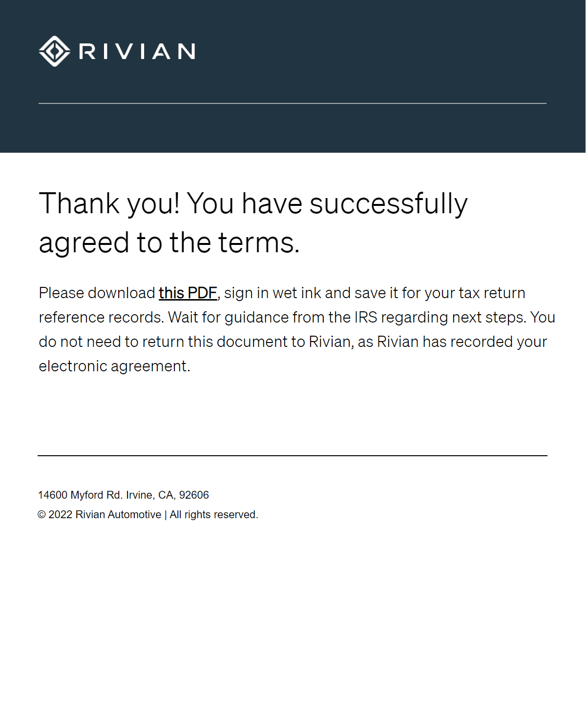 Rivian R1T R1S Official email from Rivian offering Binding Purchase Agreement Rivian Binding Agreement Confirmatio