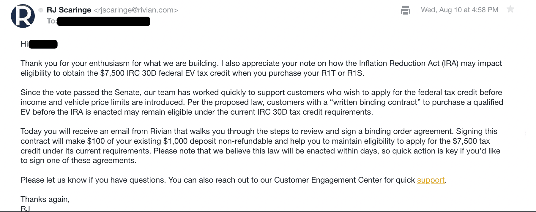 Rivian R1T R1S Official email from Rivian offering Binding Purchase Agreement 1660165775741