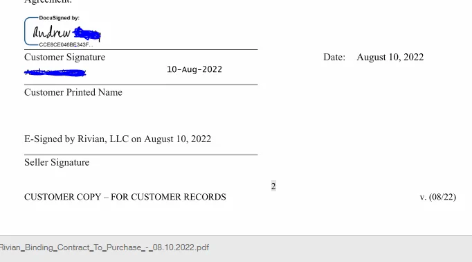 Rivian R1T R1S Official email from Rivian offering Binding Purchase Agreement 1660168169410