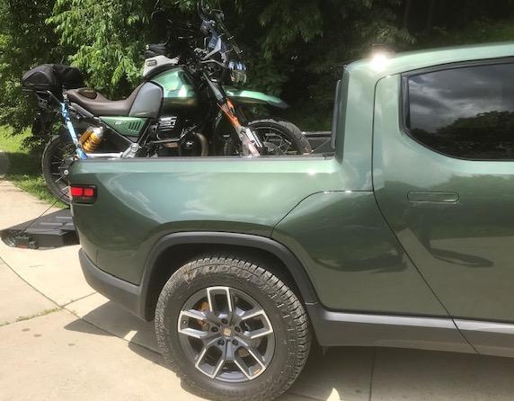 Rivian R1T R1S R1T + Royal Enfield Himalayan (Motorcycle in bed) V85TT in bed