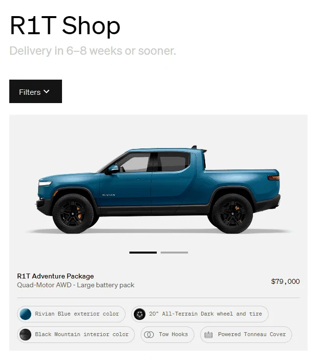 Rivian R1T R1S First look at @ “Introducing the R1 Shop” -- Rivian website to shop for R1T that delivers in 6-8 weeks 1662074361858
