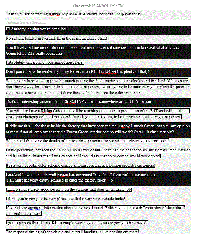 Rivian R1T R1S Rivian Chat session tid-bits Chat capture.GIF