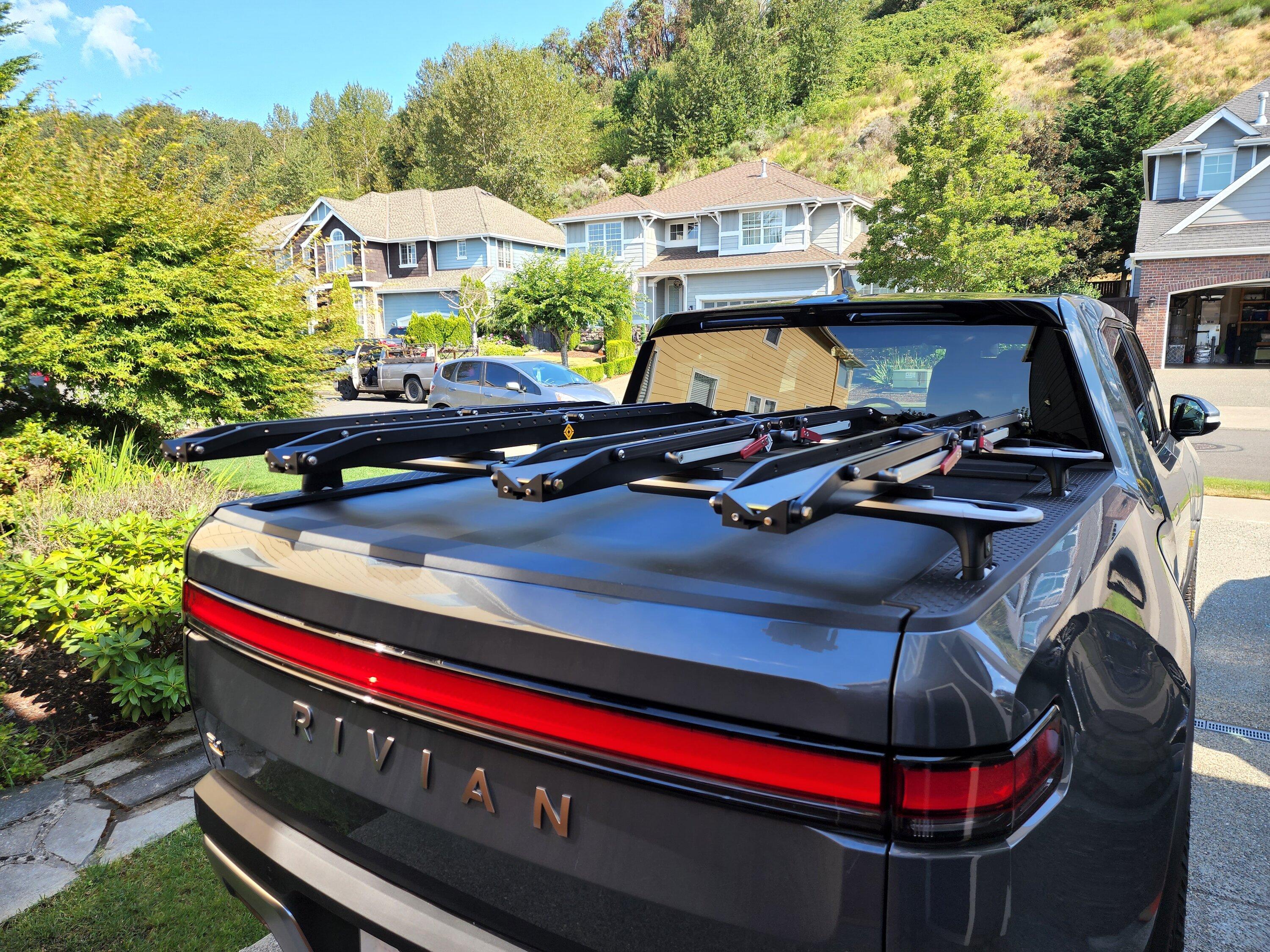 Rivian R1T R1S Mount four bikes on cross bars over bed with bed rack? 20220812_101021