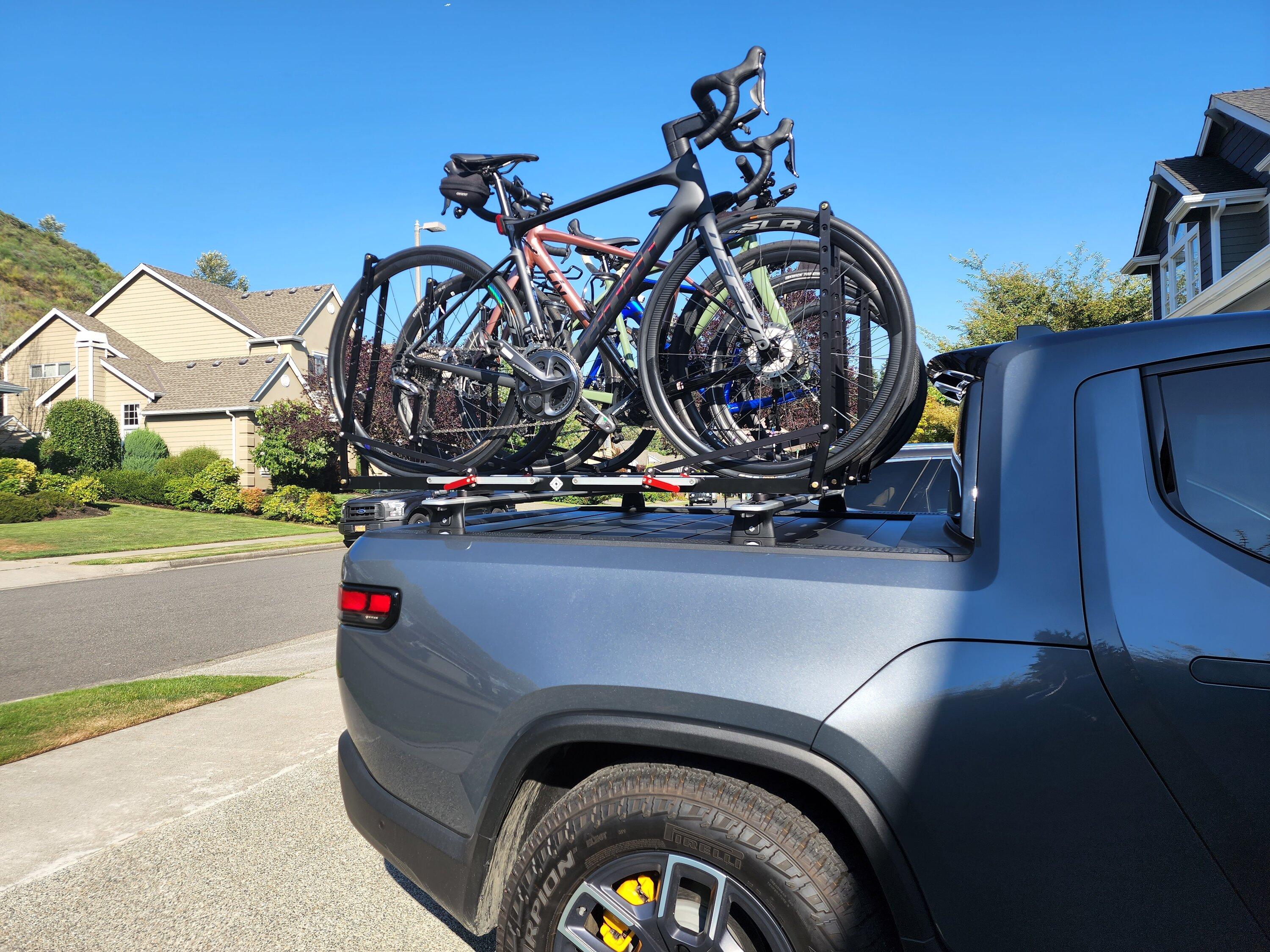 Rivian R1T R1S Mount four bikes on cross bars over bed with bed rack? 20220812_170927