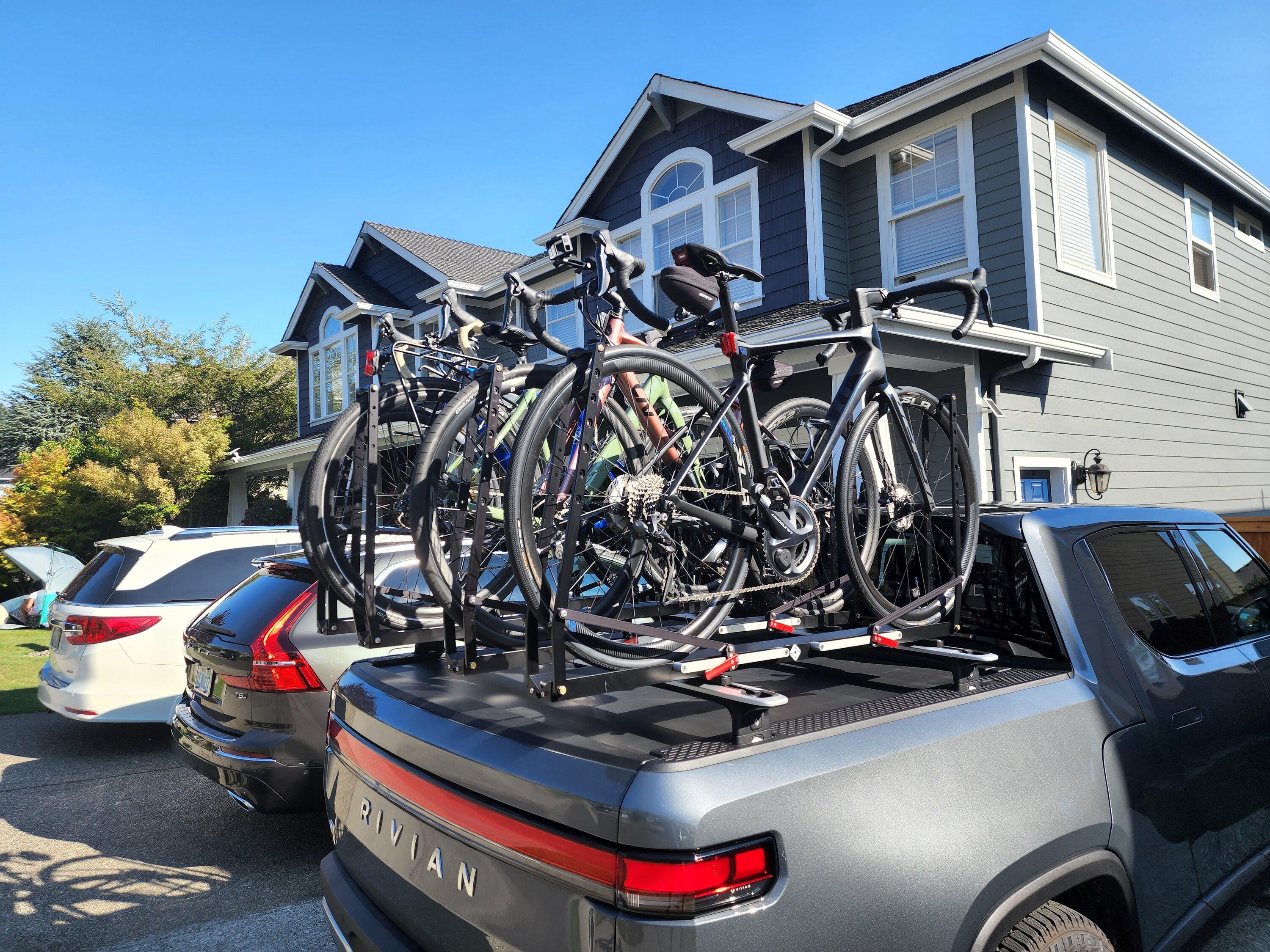 Rivian R1T R1S Mount four bikes on cross bars over bed with bed rack? 20220812_170940