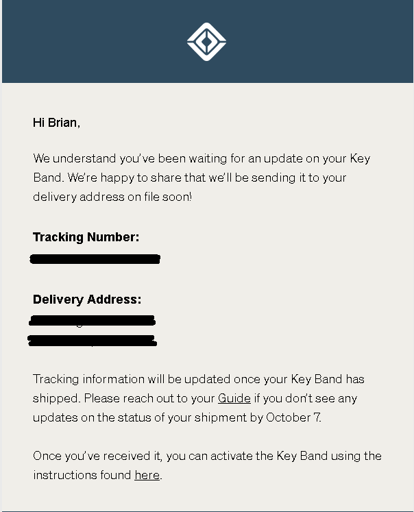 Rivian R1T R1S E-mail from Rivian 9/30 announcing Key Band delivery 1664564865538