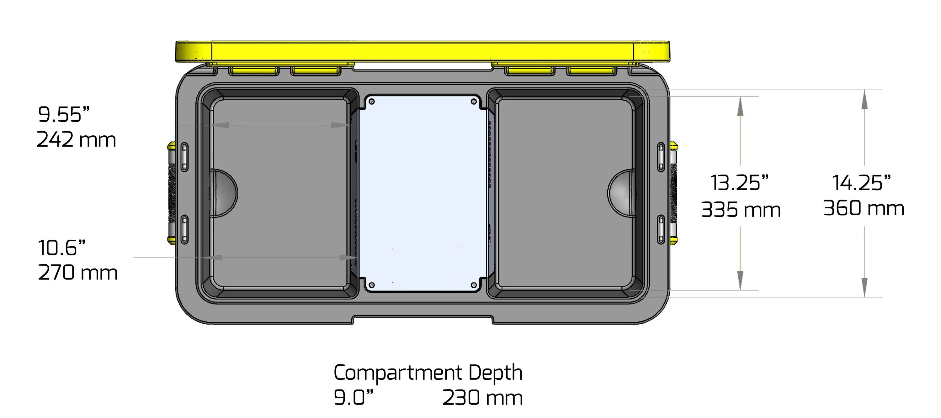 Rivian R1T R1S Powered 40 qt Frunk Cooler and 12 gal Water Tank w/ washdown sprayer concept (by @BoxGods) compartment-dimensions
