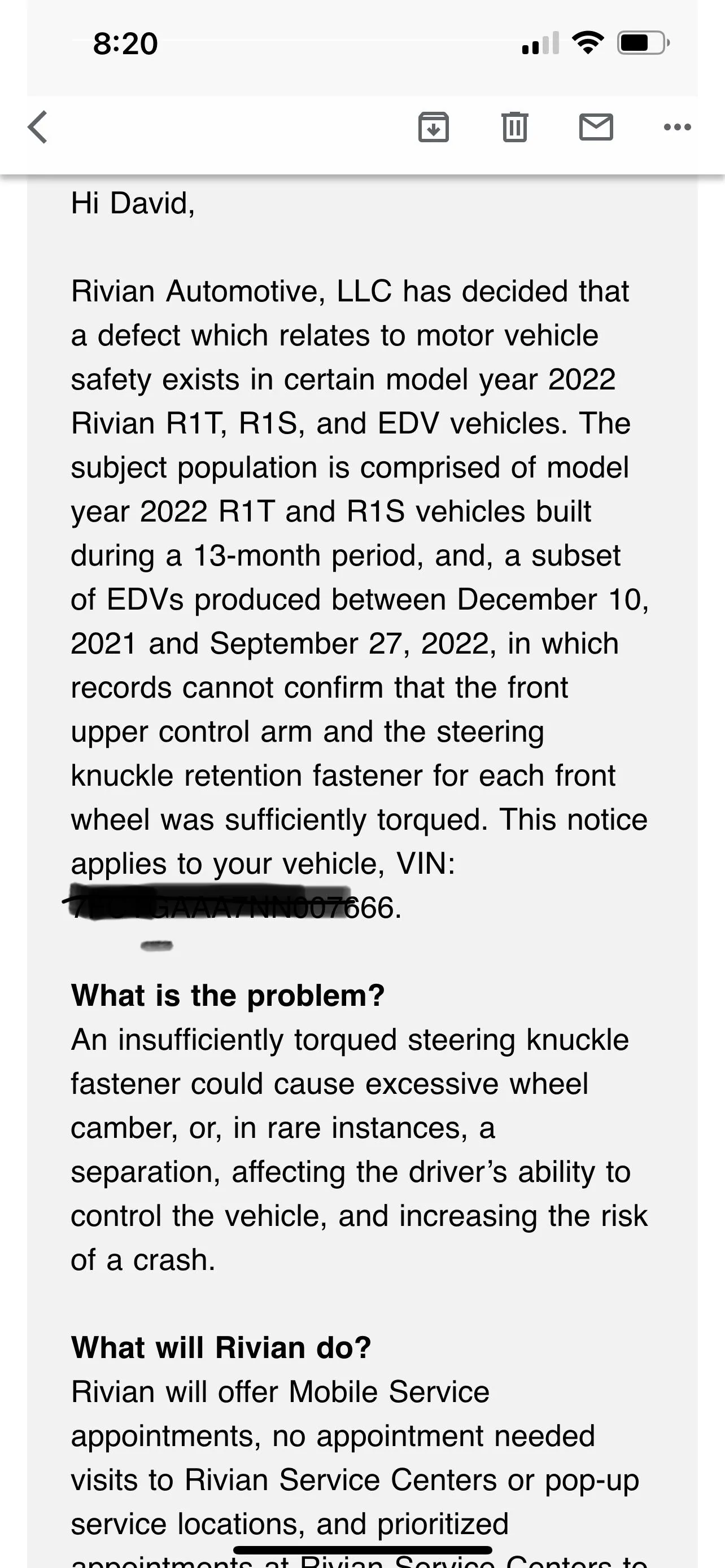Rivian R1T R1S ⚠️ Rivian Recall: insufficiently torqued front upper control arm & steering knuckle fastener [official torque value = 90 lb-ft / 122 Nm] 5F5E9B8C-C8CB-48FC-8AE9-C8A46D46C8D6