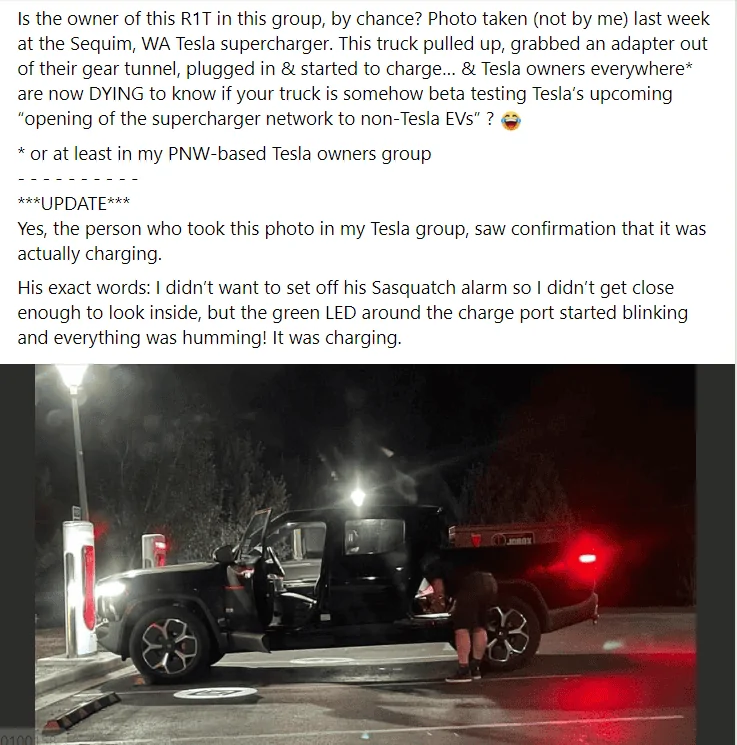 Rivian R1T R1S Rivian Spotted Charging at Tesla Supercharger?! 1666365745187
