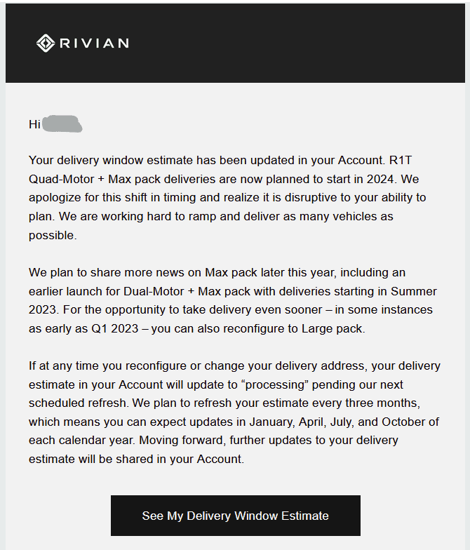 Rivian R1T R1S Max Pack delayed to 2024 according to configurator / email ? 1666989909302