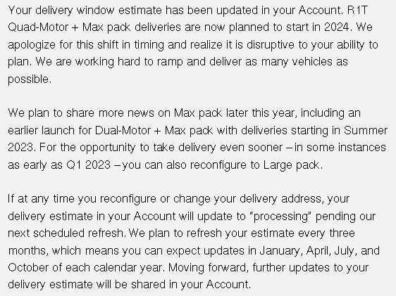 Rivian R1T R1S Max Pack delayed to 2024 according to configurator / email ? Screenshot from 2022-10-28 15-24-11