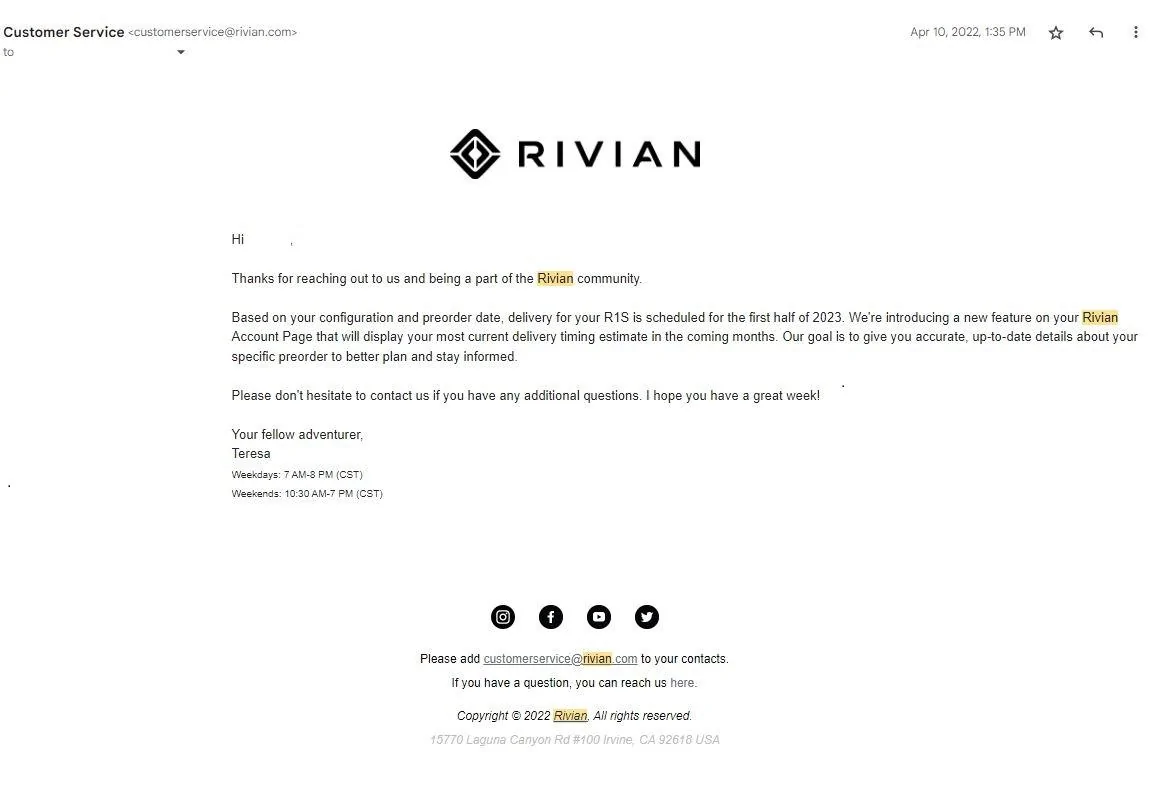Rivian R1T R1S R1S delivery delay poll 2022Apr10email