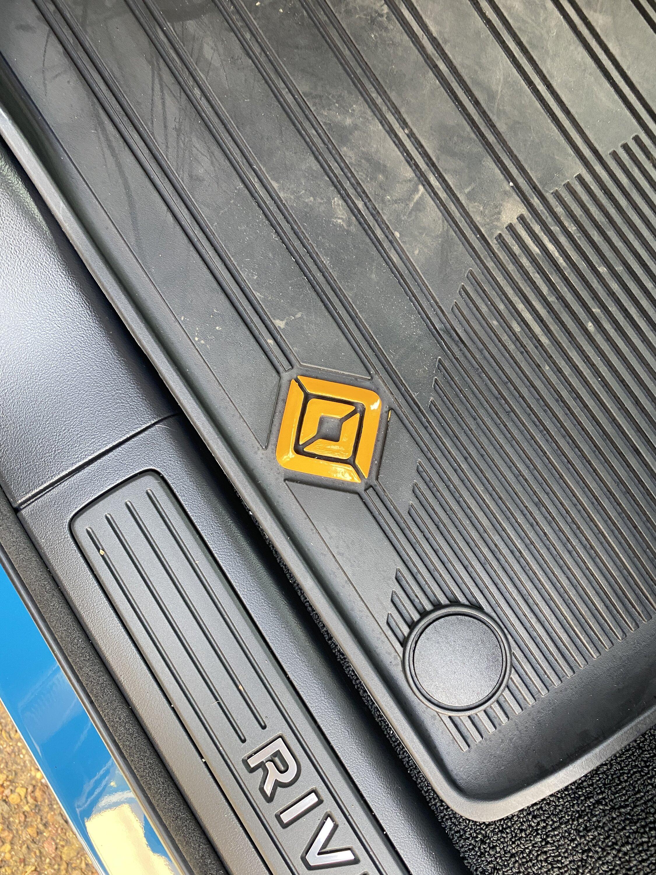 Rivian R1T R1S All Weather Floor Mat Modification - DIY Yellow Rivian Logos 73089347-E2C5-4360-8545-EEEE8BC5460D