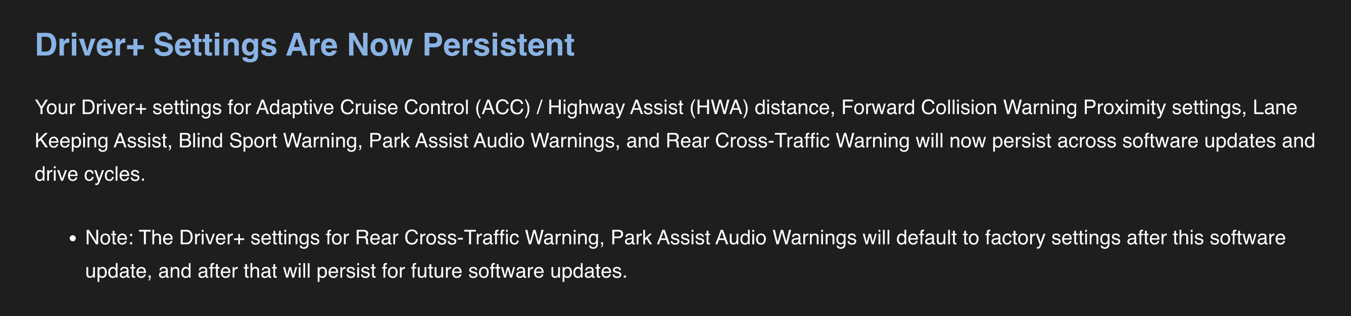Rivian R1T R1S Persistent Driver+ Settings in 2022.35.03, specifically Collision Avoidance? Screenshot 2022-11-07 at 11.00.48 AM
