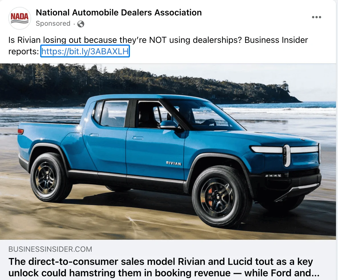 Rivian R1T R1S FB Rivian targeted post - sponsored by NADA 1669346202965