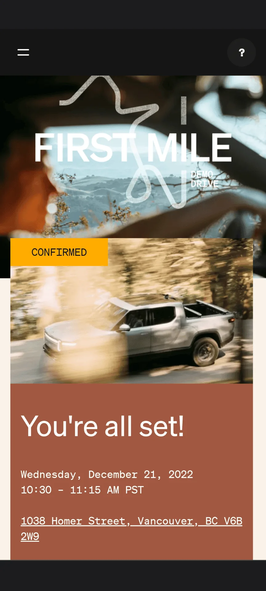 Rivian R1T R1S Vancouver First Mile demo booked! Screenshot_20221129-174757