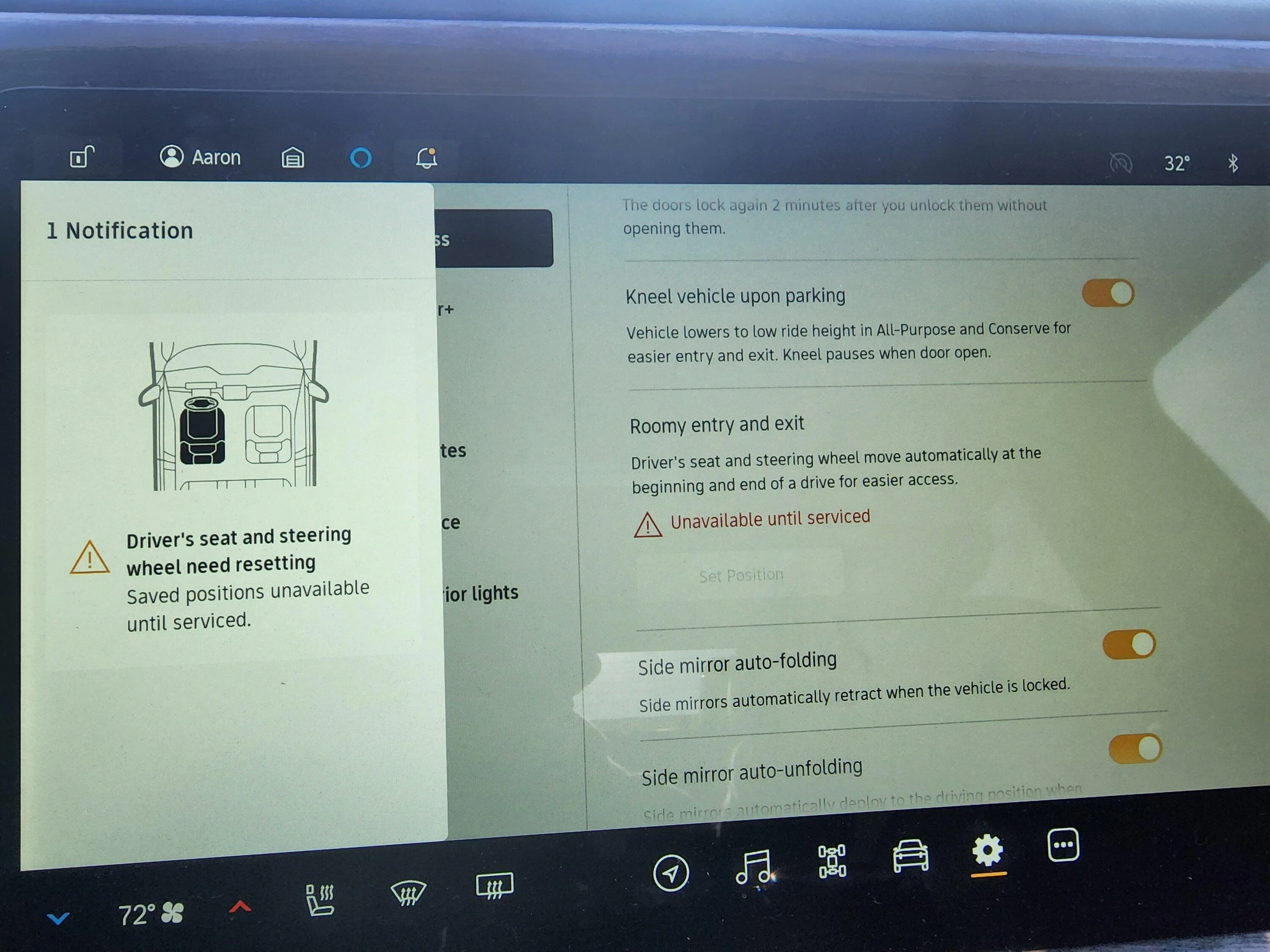 Rivian R1T R1S Can't save seat positions after 2022.43.02 Software -- "Driver's seat and seating wheel need resetting. Saved positions unavailable until serviced." 20221201_133358
