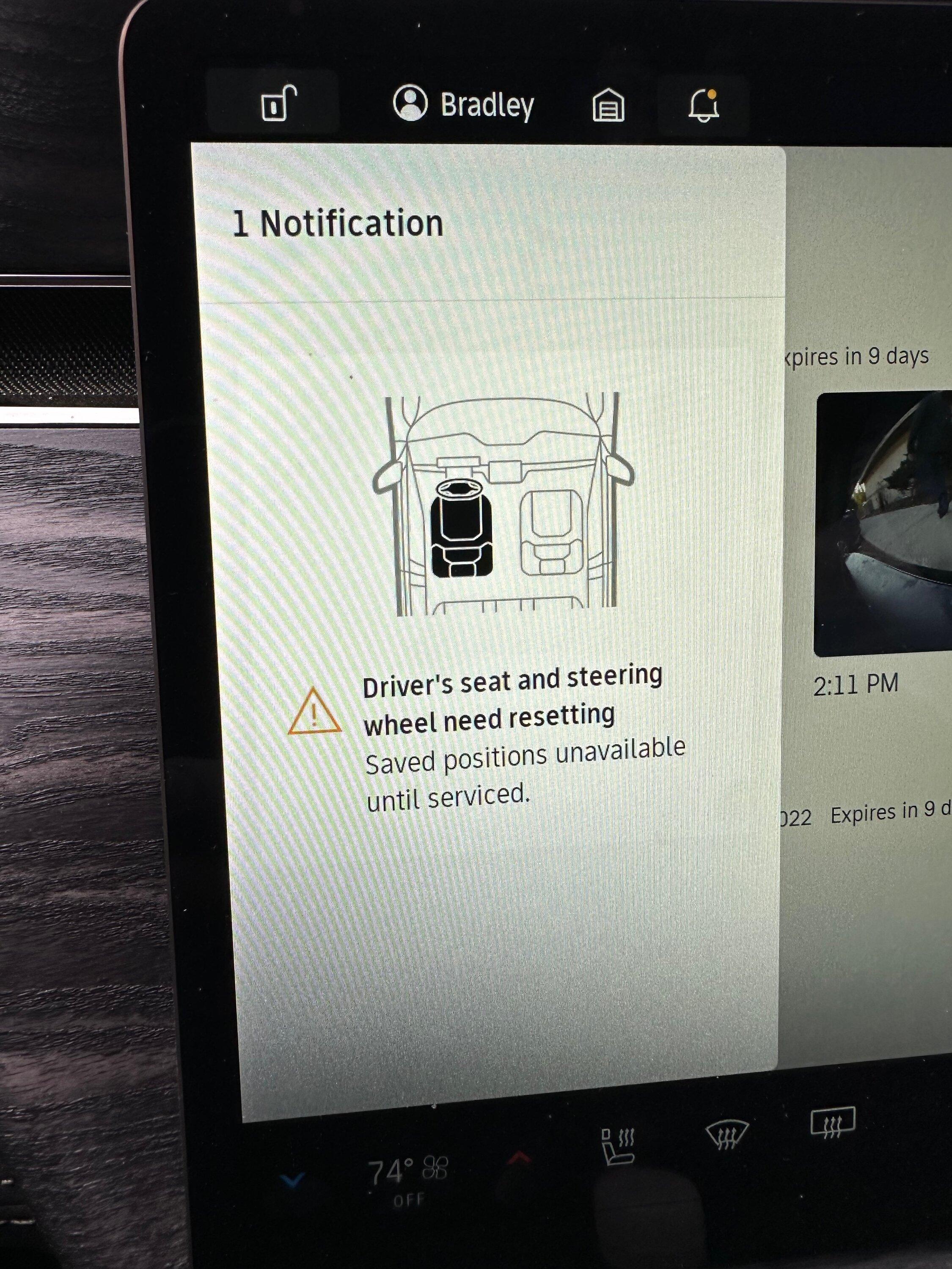 Rivian R1T R1S Can't save seat positions after 2022.43.02 Software -- "Driver's seat and seating wheel need resetting. Saved positions unavailable until serviced." IMG_0535