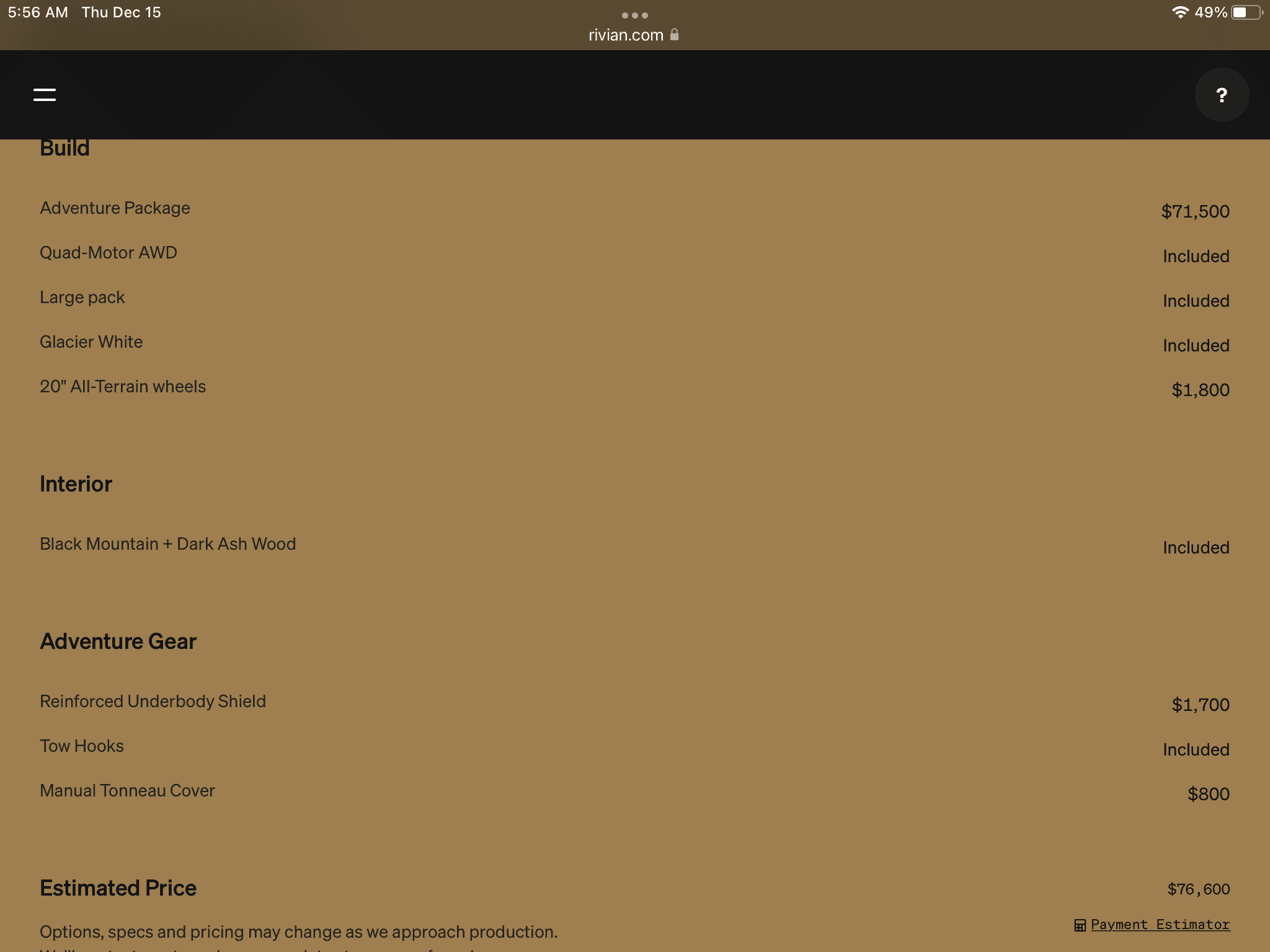 Rivian R1T R1S Rivian configurator showing new EPA range estimates and removal of nearly all  Adventure Gear options 8151351C-67F1-4419-8D40-1F47E84B414F
