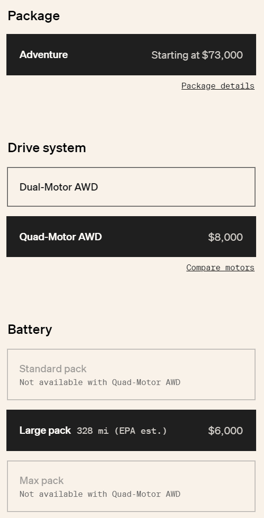 Rivian R1T R1S Update: Your Max Pack Preorder - R1T’s Max Pack only available w/ Dual-Motor. Unavailable w/ Quad-Motor starting 2023 1671578259691