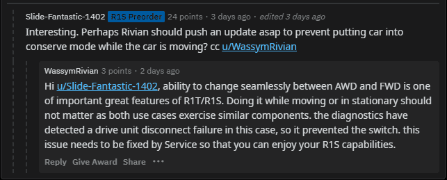 Rivian R1T R1S Conserve Mode should only be selected while the vehicle is stopped? (says Rivian Service Center technicians) 1673286267144