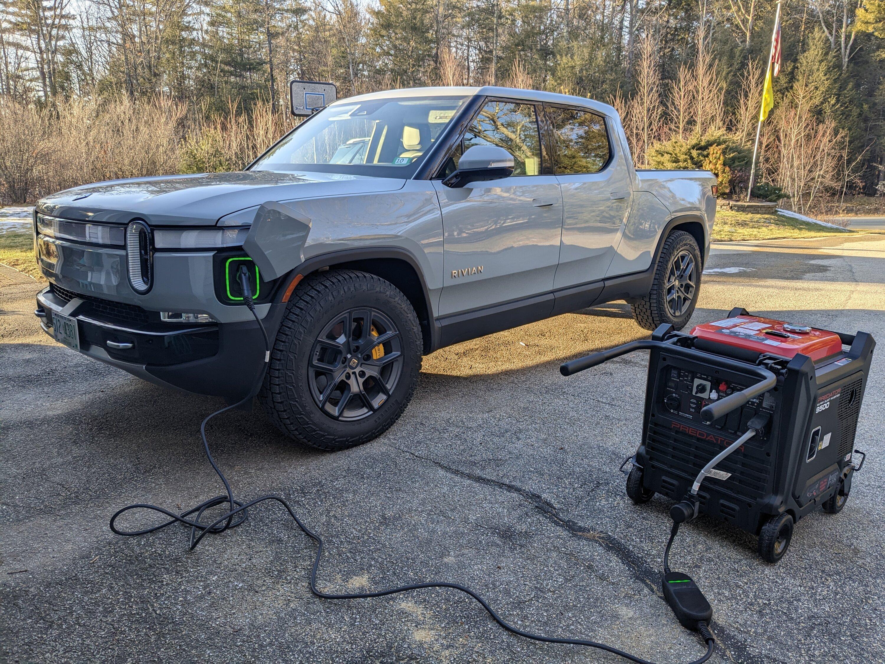 Rivian R1T R1S It's a hybrid now... R1T charged at 5.2kw with portable generator and charging adapter PXL_20230110_201505062.MP