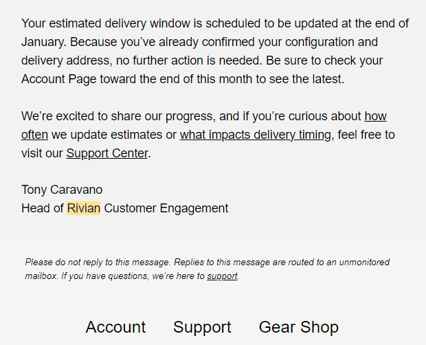 Rivian R1T R1S Official Rivian Email: Refreshed Delivery Window update for 'end of January' 1673469951358