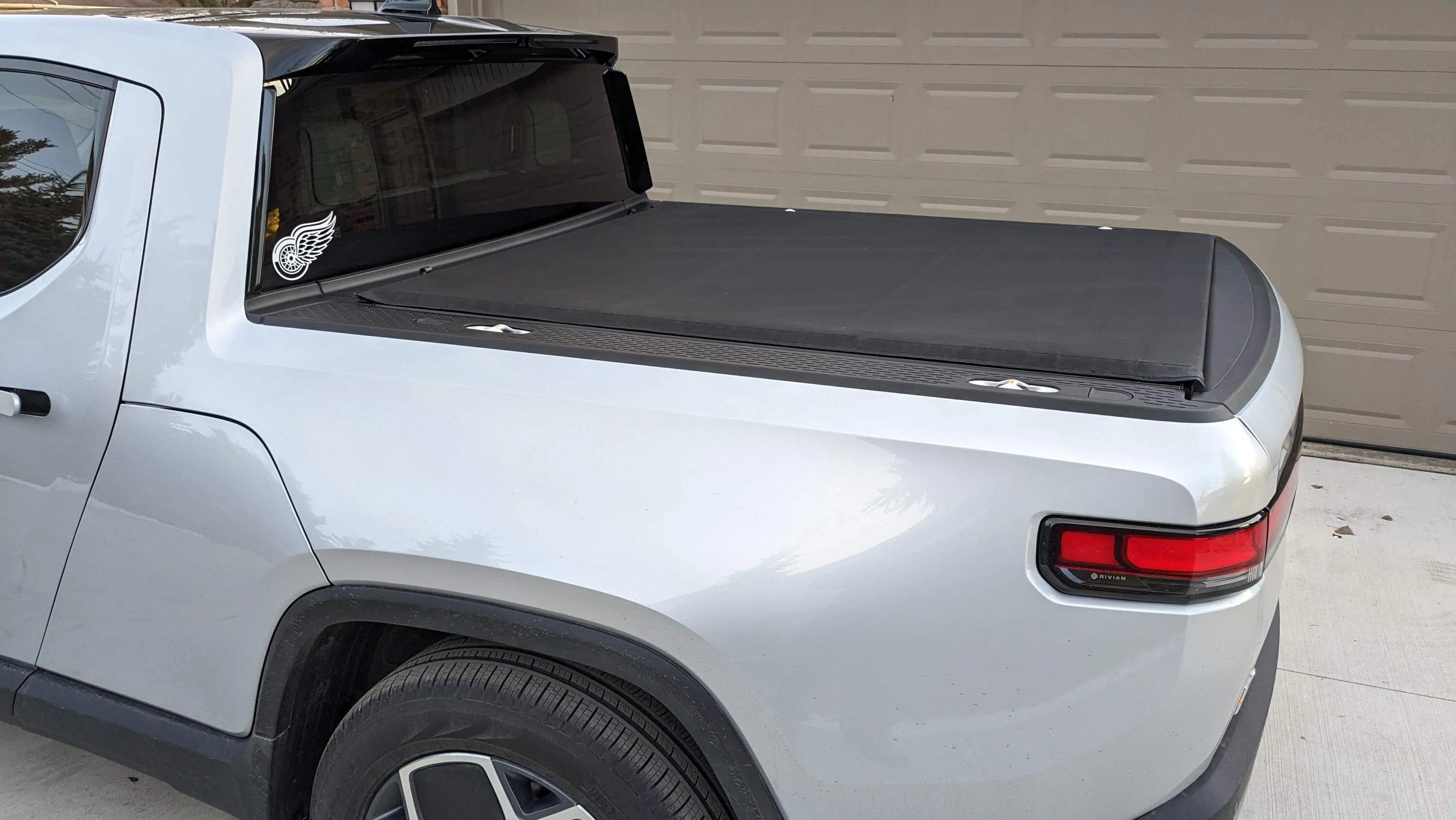 Rivian R1T R1S Woohoo! Vinyl Roll-Up Tonneau Cover for R1T (Truxedo) Customized & Installed tonneau_leftrear