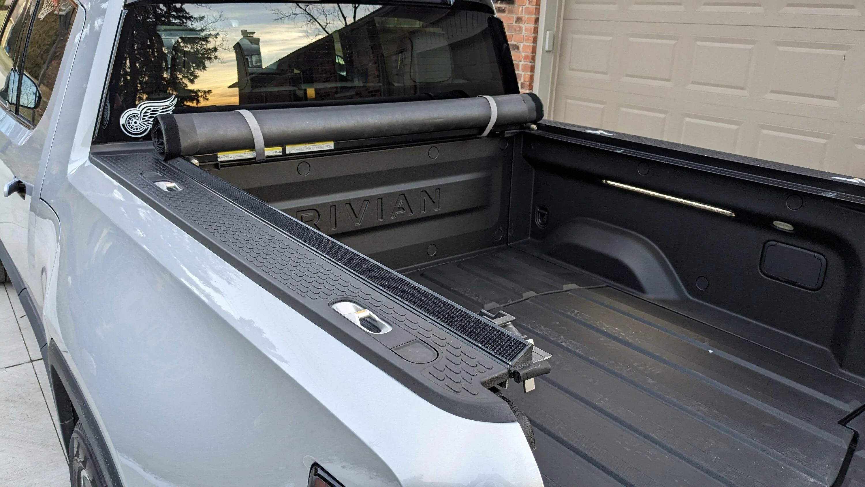 Rivian R1T R1S Woohoo! Vinyl Roll-Up Tonneau Cover for R1T (Truxedo) Customized & Installed rollup_leftrear