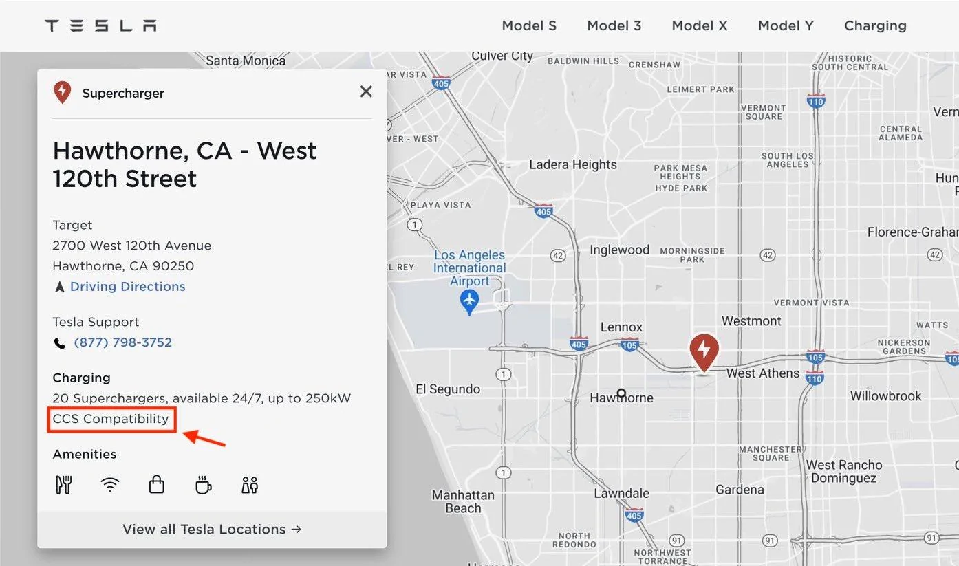 Rivian R1T R1S First Tesla Supercharger location with CCS compatible "Magic Dock" plug discovered in app hawthorne-supercharger-ccs-jpg
