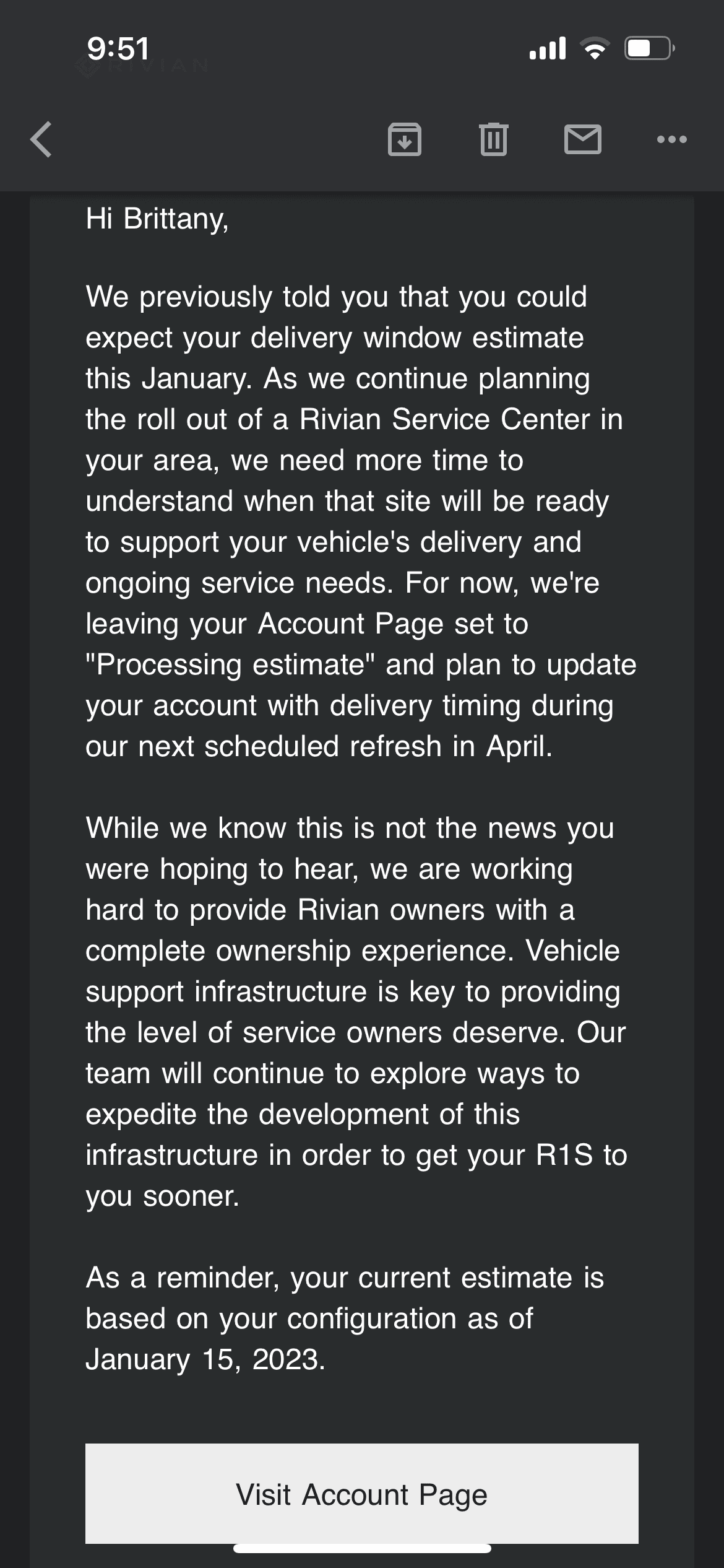 Rivian R1T R1S Delayed… again. Dec 2020 order date. Losing all faith and excitement for Rivian. 79BE5B7B-E2D8-4C64-BA11-08432FAC52E3