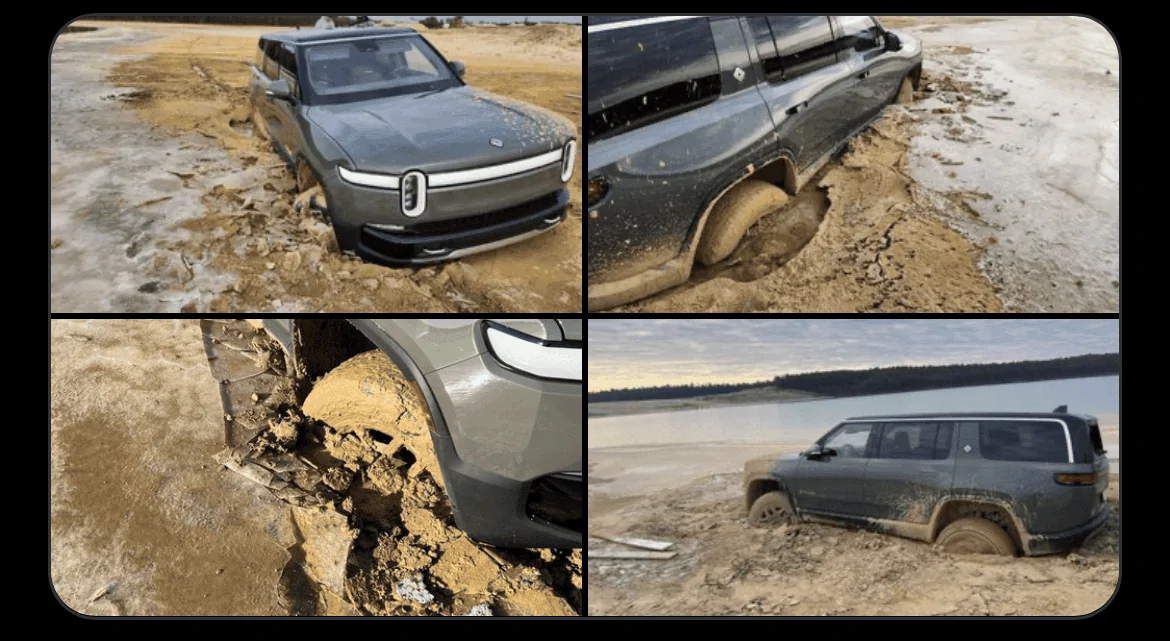 Rivian R1T R1S Saw the lakebed-mud-stuck R1S at Brooklyn Service Center 1675711915555