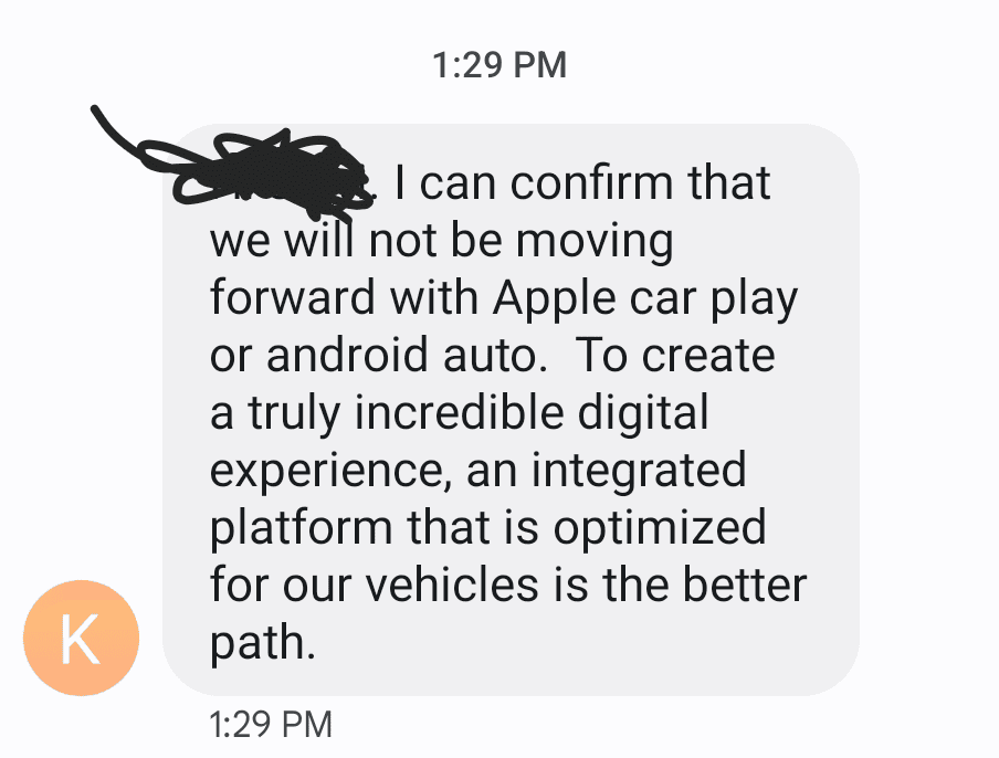 Rivian R1T R1S CarPlay discussion with Rivian CS: company is working with Apple and it's a priority Screenshot_20230207_143228_Messages