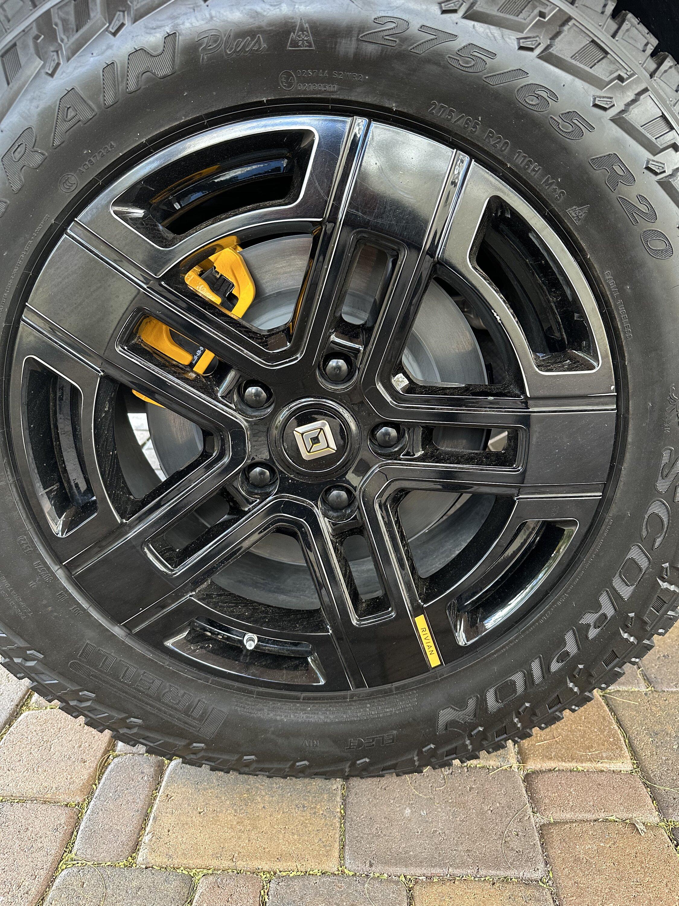 Rivian R1T R1S Need help with a wheel measurement - Yellow Rivian Logo IMG_1343