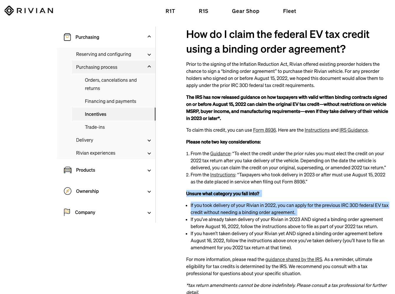 Rivian R1T R1S IRS Transition rule guidance changed Screenshot 2023-03-13 at 5.06.02 PM