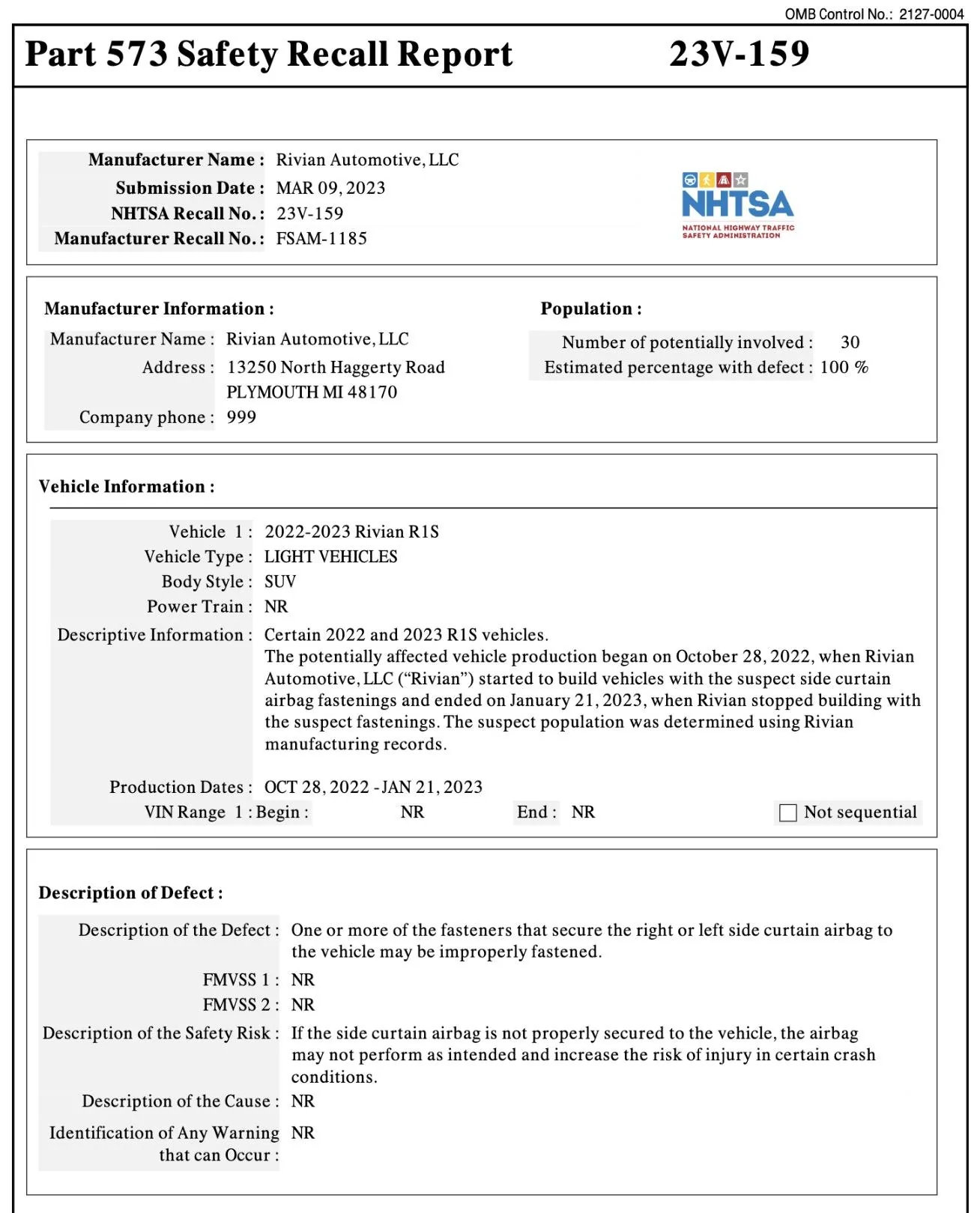 Rivian R1T R1S Rivian Recalling 30 R1S for Loose Side Curtain Airbag Issue Screenshot 2023-03-15 at 9.45.29 AM