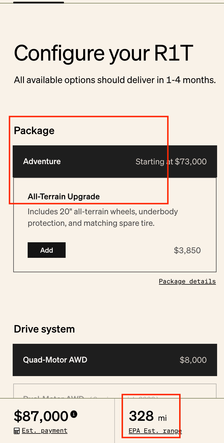 Rivian R1T R1S Adventure Pack Vs NON-Adventure Pack RANGE Concern Screenshot 2023-03-15 at 10.03.03 PM