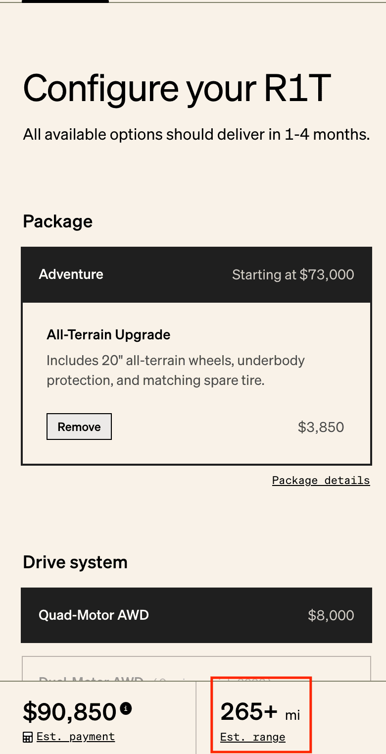 Rivian R1T R1S Adventure Pack Vs NON-Adventure Pack RANGE Concern Screenshot 2023-03-15 at 10.03.10 PM