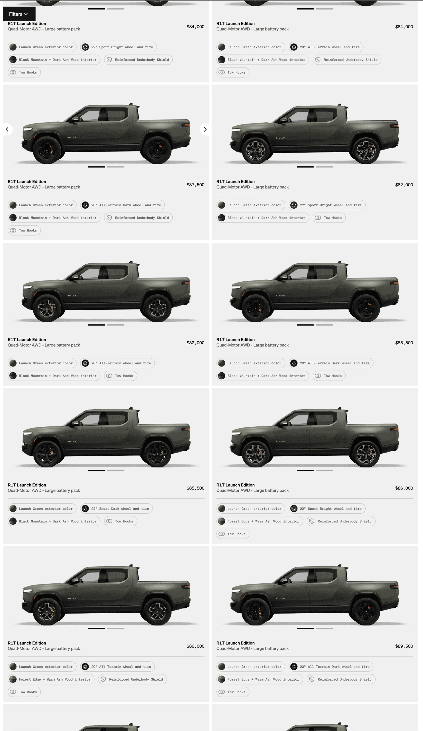 Rivian R1T R1S A lot of R1Ts just appeared in the shop, including some Launch Green. Screenshot 2023-03-16 at 4.17.52 PM