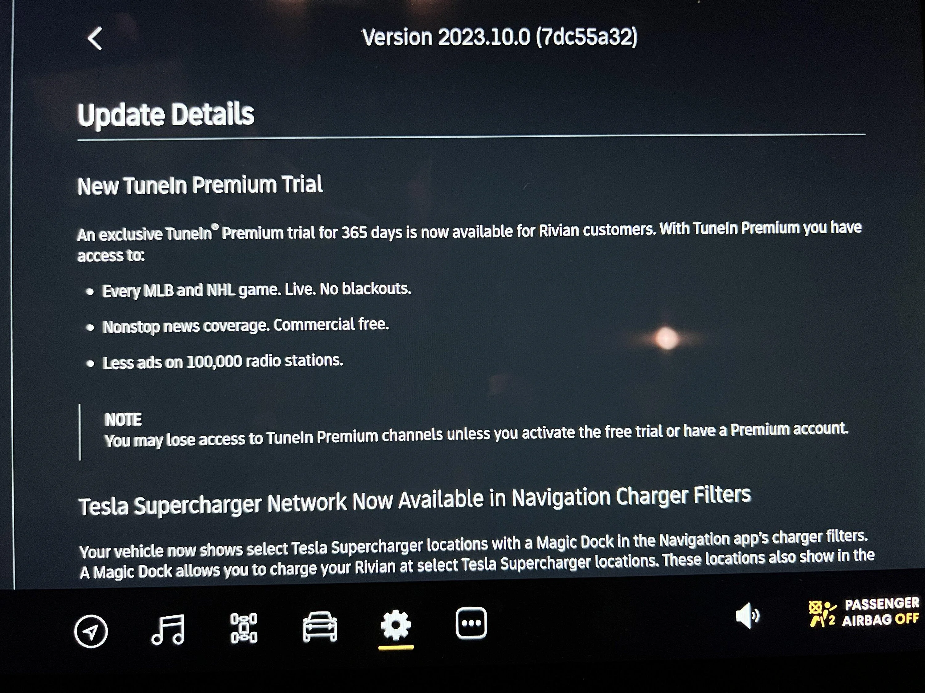 Rivian R1T R1S 2023.10.0 software update OTA released. Includes  Tesla Supercharger network option and 12v battery draining issue fix D90433A9-09BD-453E-9979-7BE42EEBE806