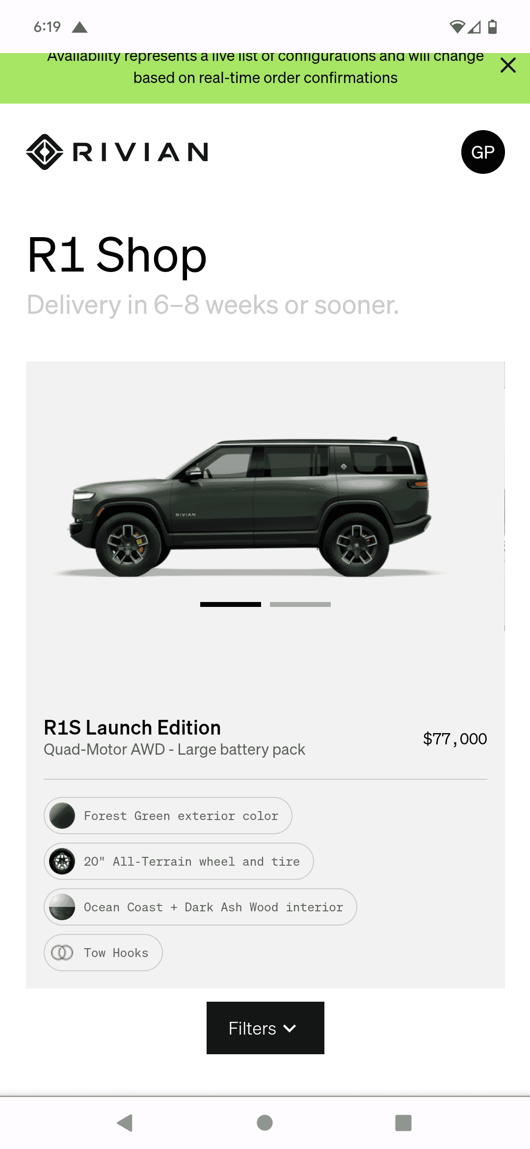 Rivian R1T R1S R1S Shop access live with lots of inventory! Screenshot_20230327-181940