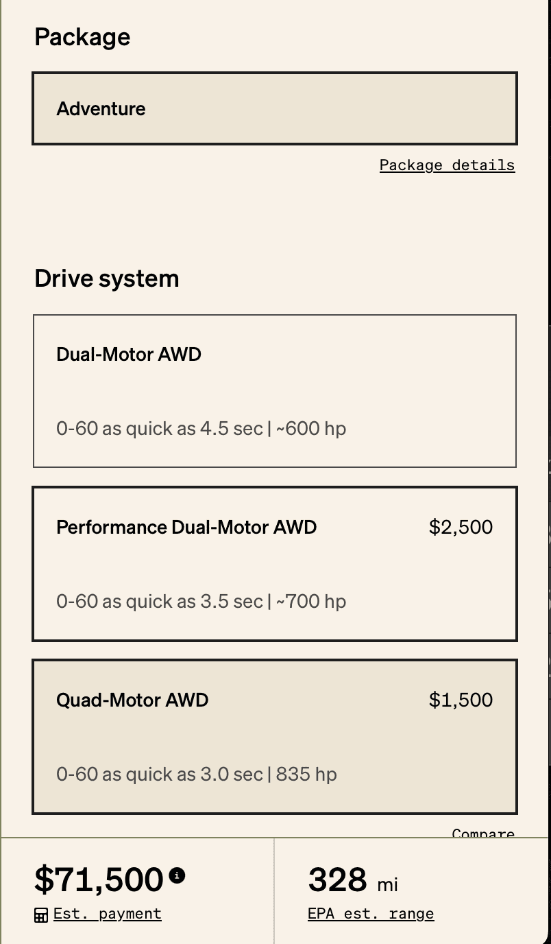 Rivian R1T R1S R1T Max Pack + Dual Motor range update from Rivian: 335, 360 and 400 miles range 1680765950897