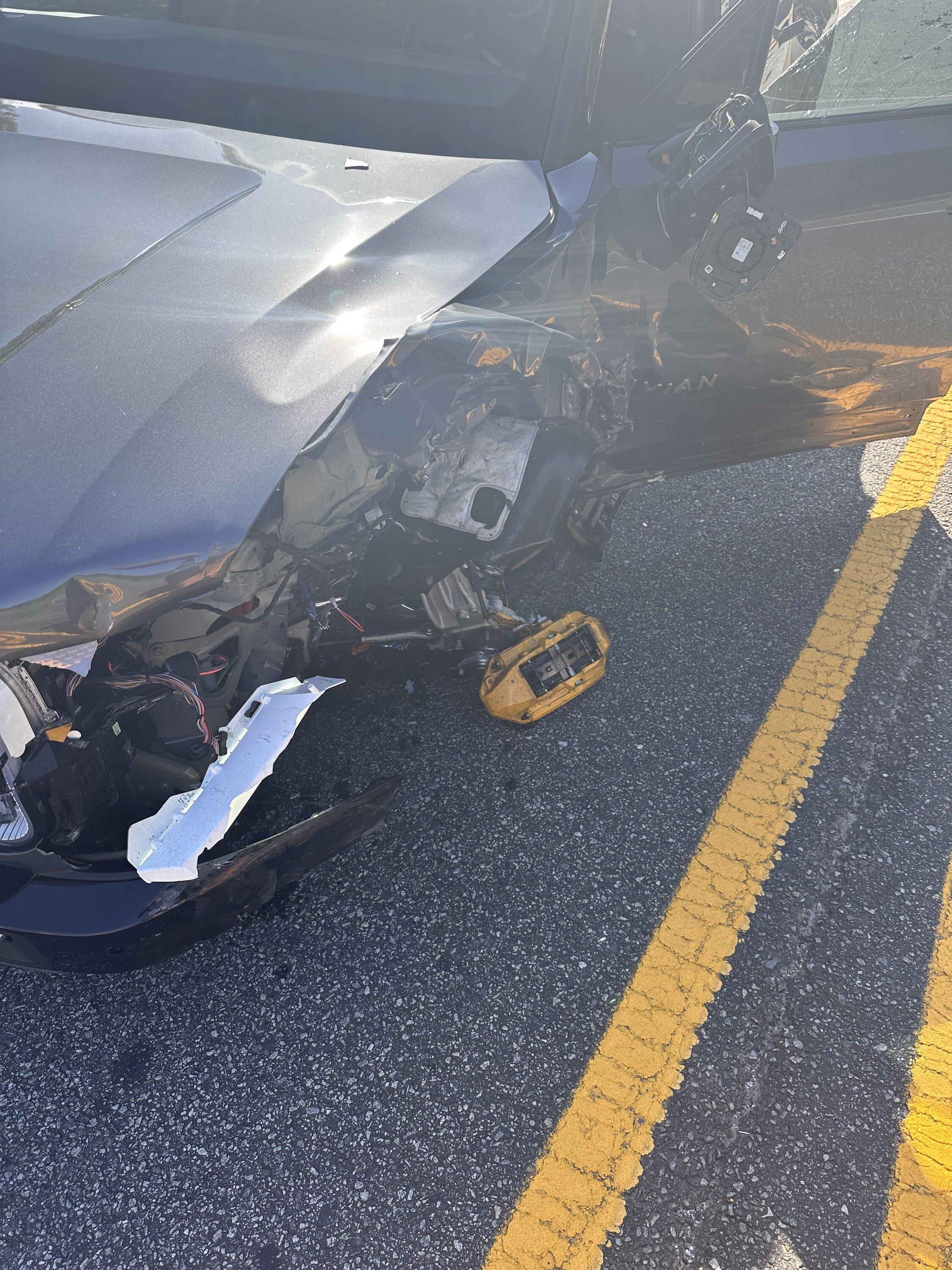 Rivian R1T R1S An idiot hit us in “ Small overlap front collision”  and I assume totaled my R1T [Updated with pic of damage to other truck ?] IMG_1336
