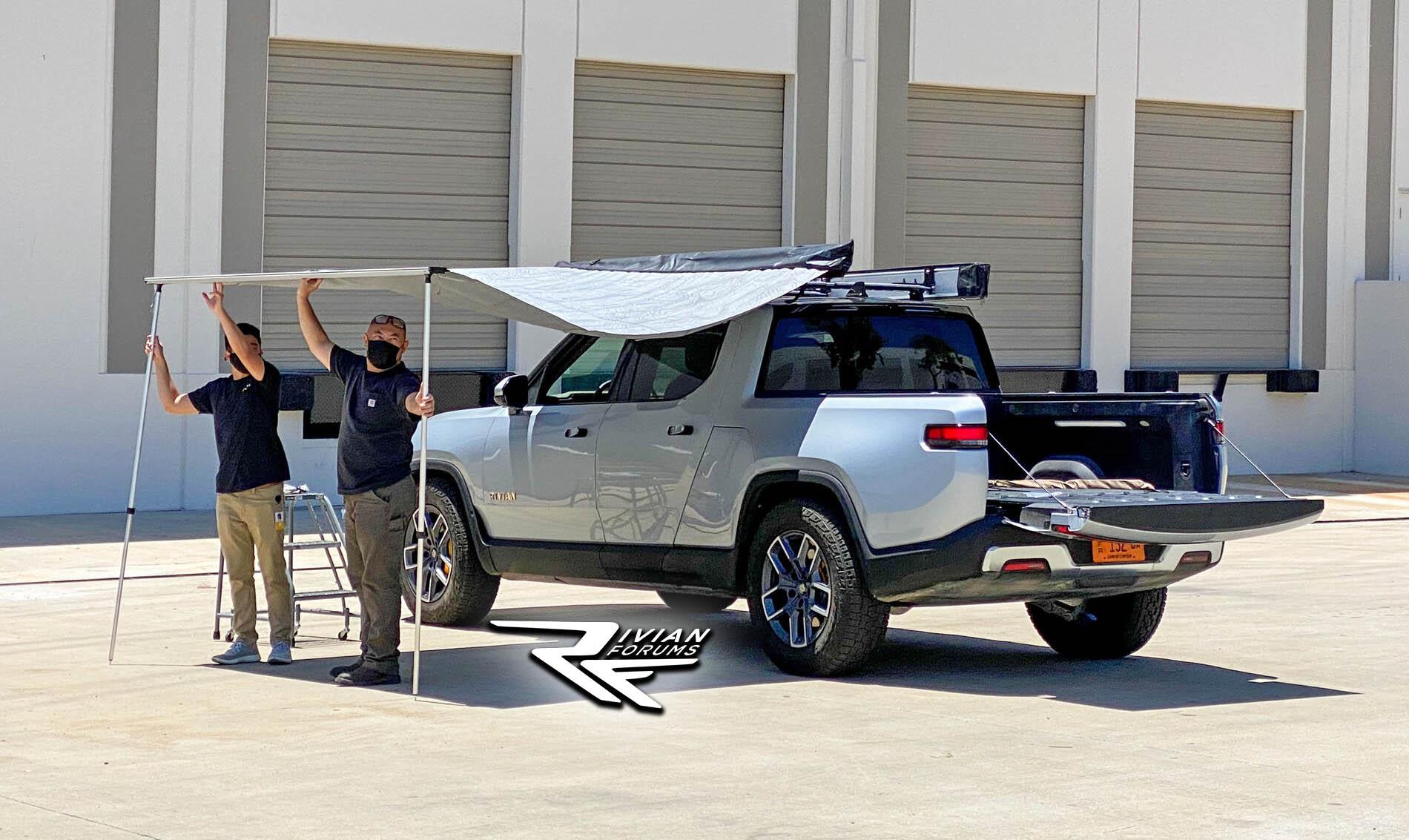Rivian R1T R1S Rivian R1T spotted at Irvine HQ testing awning LA Silver Rivian R1T awning roof rack 2