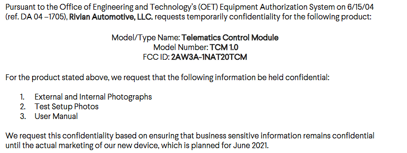 Rivian R1T R1S Telematics Control Module Stops by the FCC 1622554984219