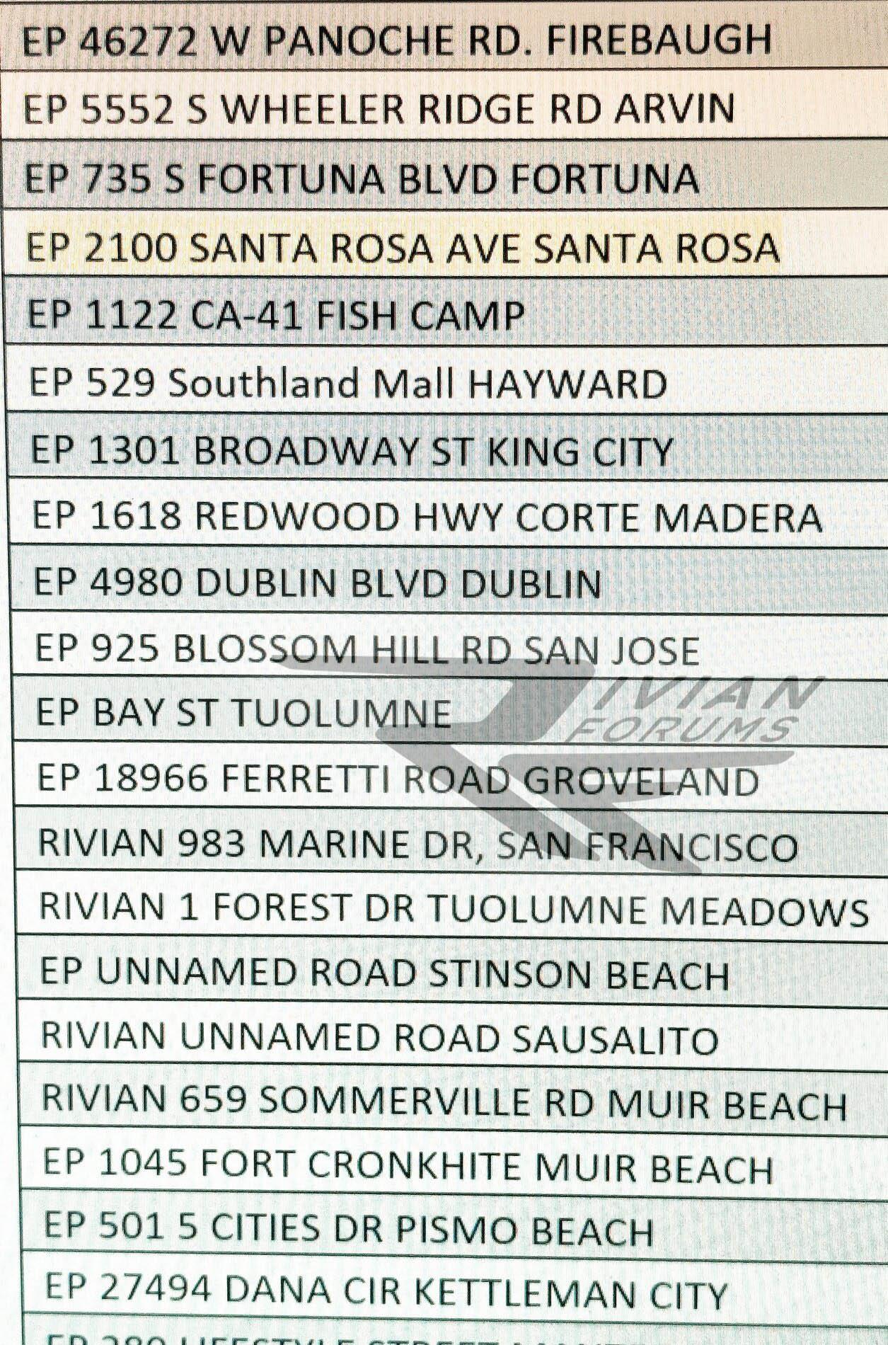 Rivian R1T R1S Projected Rivian charging station (RAN) locations in California rivian chargers locations california