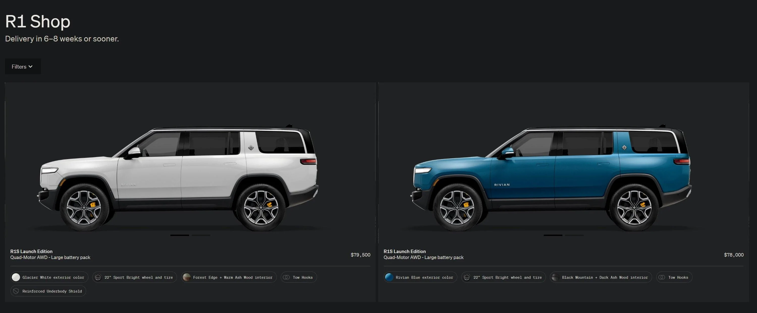 Rivian R1T R1S R1S Shop access live with lots of inventory! White Blue R1S