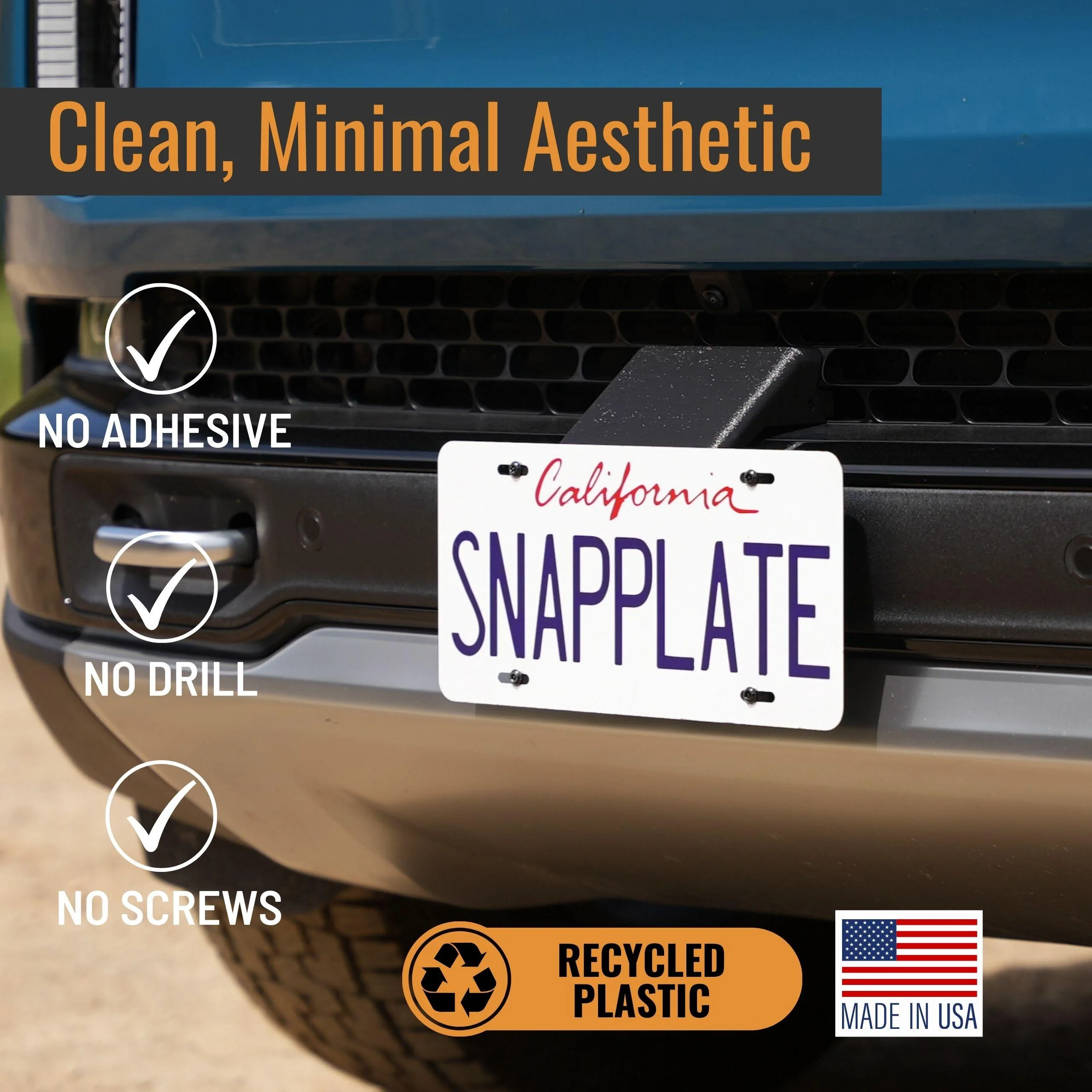 Rivian R1T R1S No-Drill, No-Adhesives, Front License Plate Mounts - SnapPlate for Rivian R1T & R1S - Gen 2 Height and Grille Depth Adjustable 3