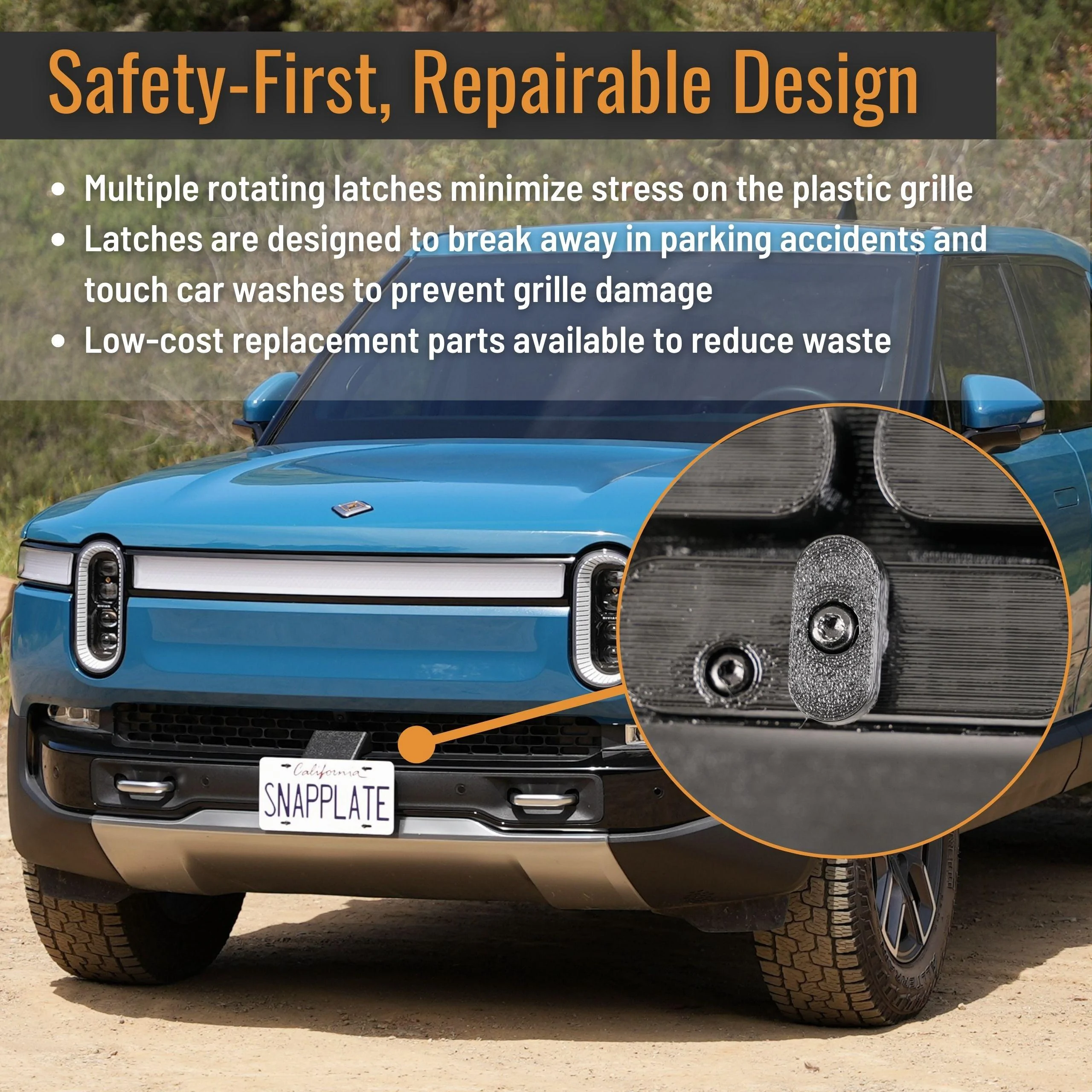 Rivian R1T R1S No-Drill, No-Adhesives, Front License Plate Mounts - SnapPlate for Rivian R1T & R1S - Gen 2 Height and Grille Depth Adjustable 4